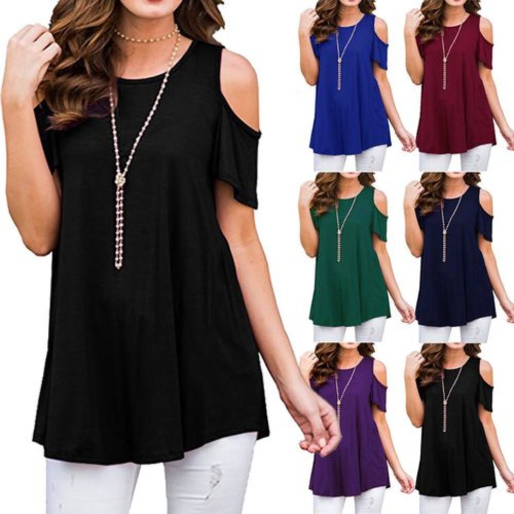 Short Sleeve Navy Cold Shoulder Tunic Top